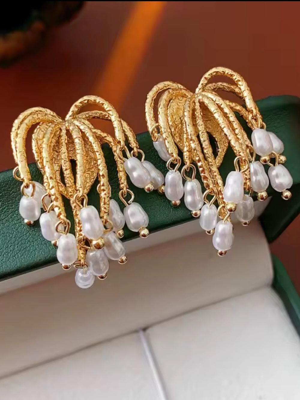 Anthropologie Gold and White Pearl Cascade Earrings